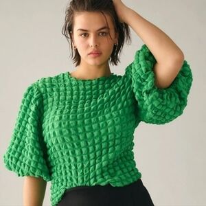Anthropologie Eri + Ali Green Puff Sleeve And Puff Fabric Cropped Shirt Size XSP